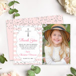 Silver Glitter Pink Stripes First Holy Communion Thank You Card<br><div class="desc">Silver Glitter Pink Stripes First Holy Communion Thank You Card</div>