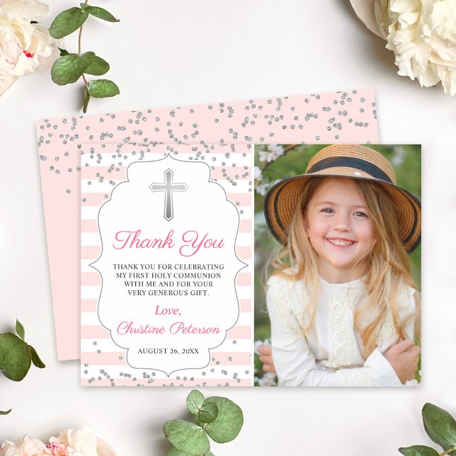 Silver Glitter Pink Stripes First Holy Communion Thank You Card (Creator Uploaded)
