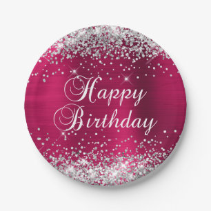 Silver Glitter Pink Wine Foil Happy Birthday Paper Plate