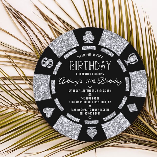 Silver Glitter Poker Chip Casino Birthday Party Invitation (Creator Uploaded)
