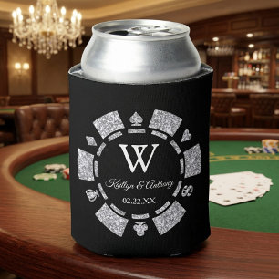 Silver Glitter Poker Chip Casino Wedding Can Cooler