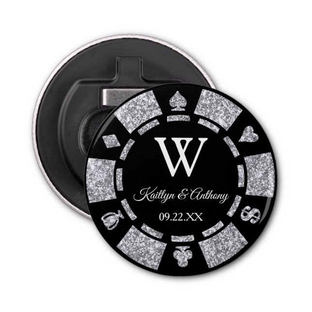 Silver Glitter Poker Chip Casino Wedding Favor Bottle Opener (Front)