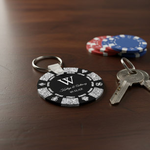 Silver Glitter Poker Chip Casino Wedding Favour Key Ring