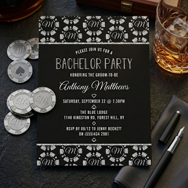 Silver Glitter Poker Chip Las Vegas Bachelor Party Invitation (Creator Uploaded)