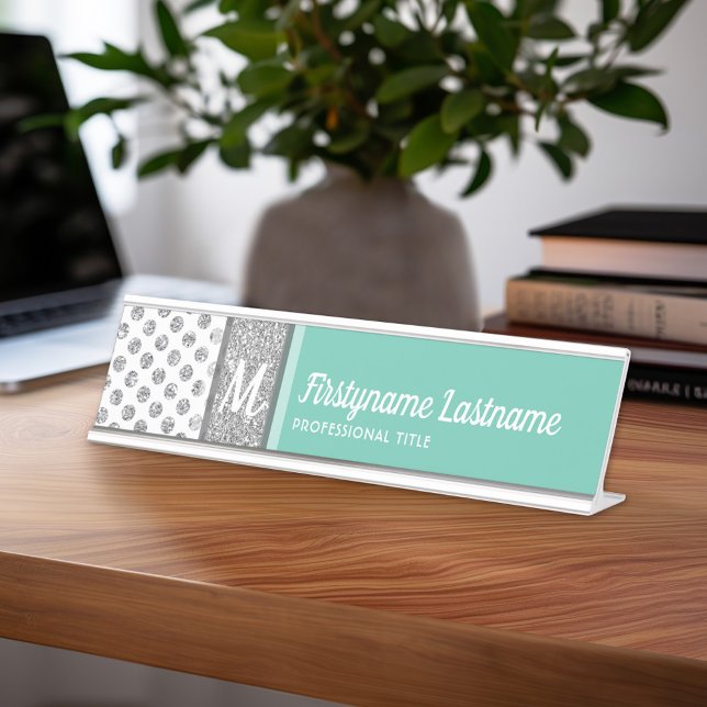 Silver Glitter Polka Dot Monogram Can CHANGE colou Desk Name Plate (Personalized Name Plate with Custom Name)