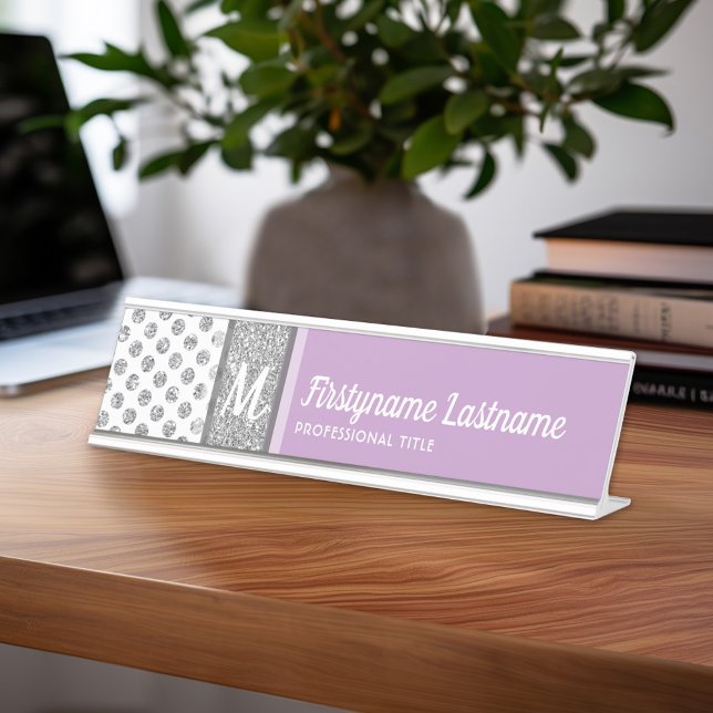 Silver Glitter Polka Dot Monogram Can CHANGE colou Desk Name Plate (Personalized Name Plate with Custom Name)