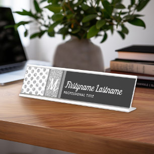 Silver Glitter Polka Dot Monogram Can CHANGE Desk Name Plate