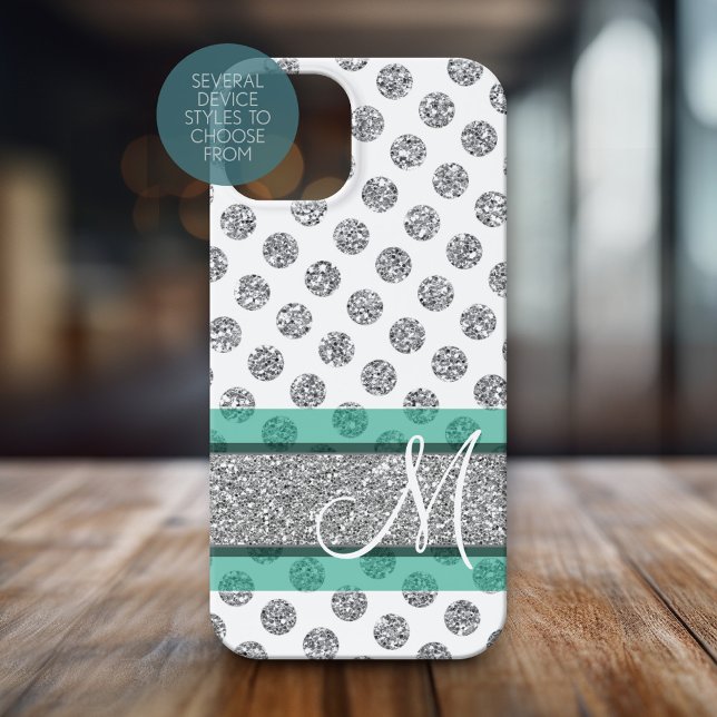 Silver Glitter Polka Dot Pattern with Monogram iPhone Case (Personalized Phone Case with Huge Monogram)