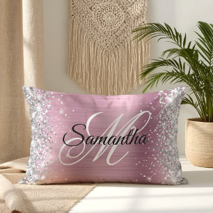 Silver Glitter Pretty Pink Foil Monogram Lumbar Cushion