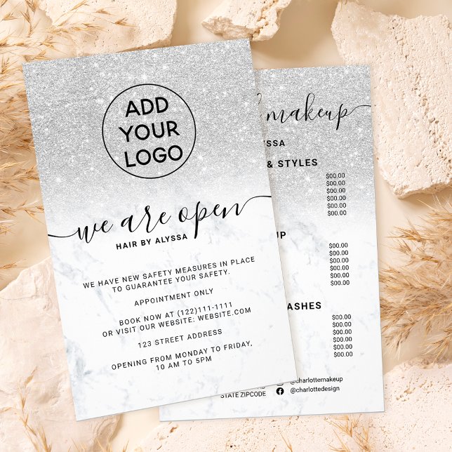 Silver glitter prices logo marble We're open Flyer (Creator Uploaded)