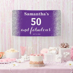 Silver Glitter Purple 50th Birthday Banner