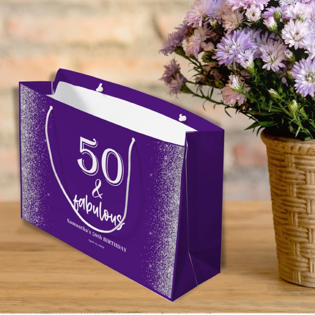 Silver Glitter Purple 50th Birthday  Large Gift Bag (Creator Uploaded)