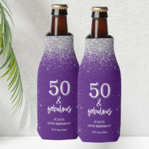 Silver Glitter Purple 50th Birthday Party  Bottle Cooler