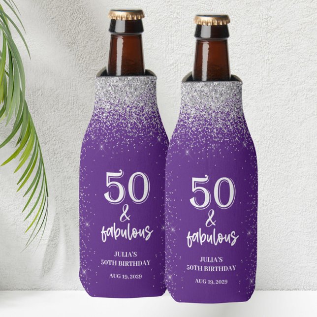Silver Glitter Purple 50th Birthday Party  Bottle Cooler (Creator Uploaded)