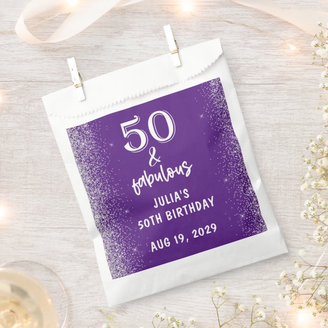 Silver Glitter Purple 50th Birthday Party Favour Bags (Clipped)