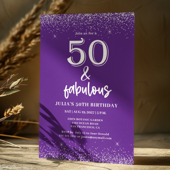 Silver Glitter Purple 50th Birthday Party  Invitation (Creator Uploaded)