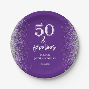 Silver Glitter Purple 50th Birthday Party Paper Plate