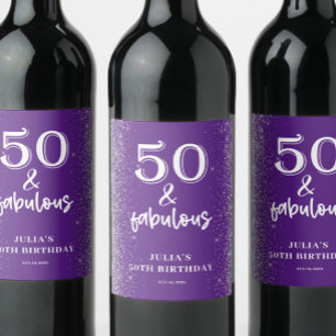 Silver Glitter Purple 50th Birthday Party  Wine Label