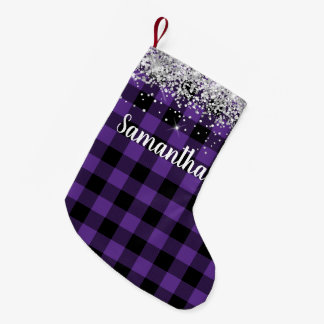 Silver Glitter Purple and Black Buffalo Plaid Small Christmas Stocking