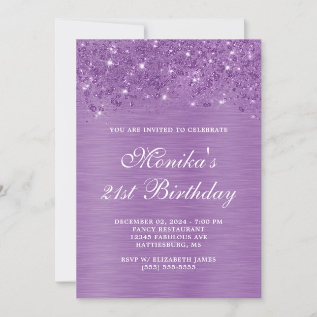 Silver Glitter Purple Bold 21st Birthday  Invitati Invitation (Front)