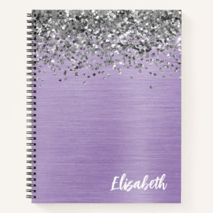 Silver Glitter Purple Brushed Metal Monogram Notebook