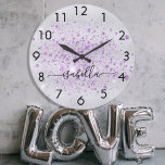 Silver glitter purple dust metal name script large clock<br><div class="desc">A faux silver metallic looking background,  decorated with purple faux glitter dust.  Personalise and add your name written with a trendy hand lettered style script with swashes.
To keep the swashes only delete the sample name,  leave the spaces or emoji's in front and after the name.</div>