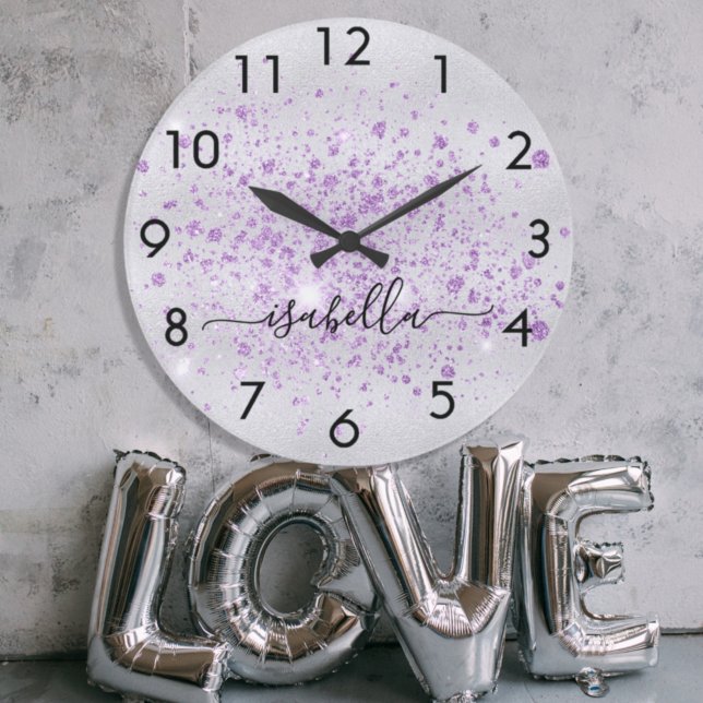 Silver glitter purple dust metal name script large clock (Creator Uploaded)
