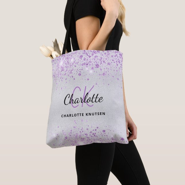 Silver glitter purple dust monogram initials tote bag (Close Up)