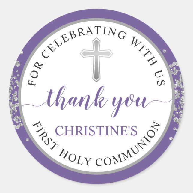 Silver Glitter Purple First Communion Thank You Classic Round Sticker (Front)