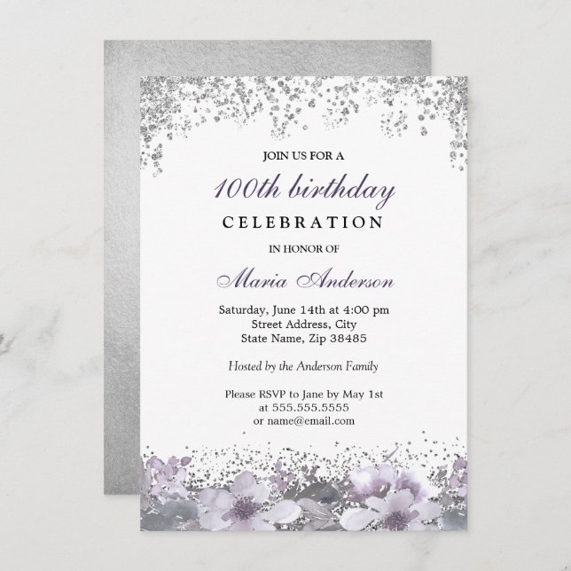Silver Glitter Purple Floral 100th Birthday Invite (Front/Back)