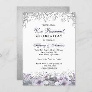 Silver Glitter Purple Floral Vow Renewal Invite