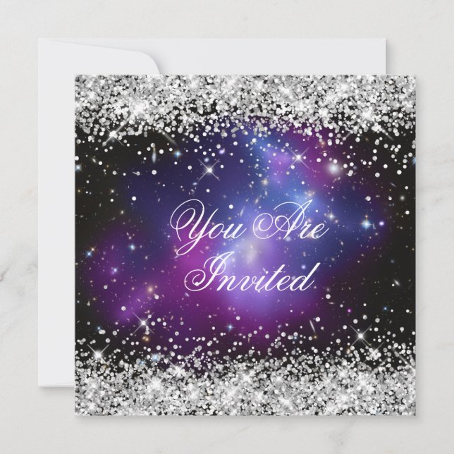 Silver Glitter Purple Galaxy Celestial Wedding Invitation (Front)