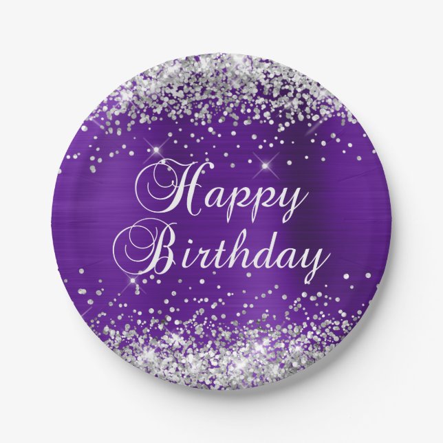 Silver Glitter Purple Indigo Foil Happy Birthday Paper Plate (Front)