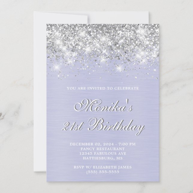 Silver Glitter Purple Metal Bold 21st Birthday  Invitation (Front)