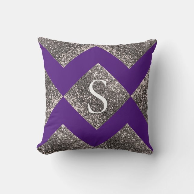 Silver Glitter Purple Monogram Bling Chic Cushion (Front)