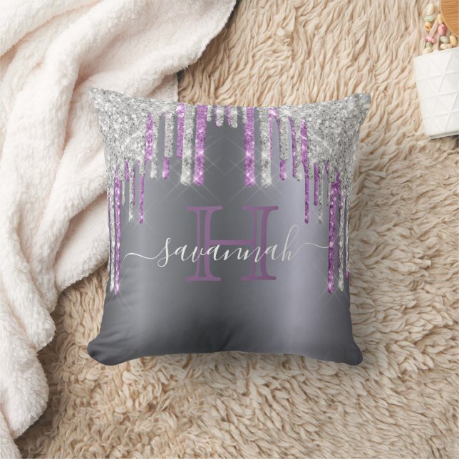 Silver glitter purple sparkle glam monogram script cushion (Blanket)