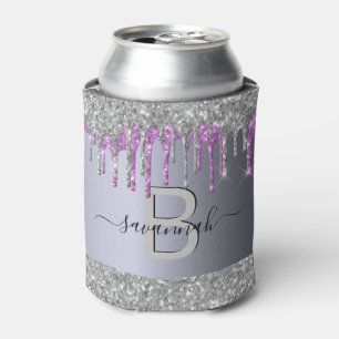 Silver glitter purple sparkle party monogram can cooler