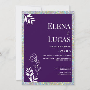 Silver glitter purple white sketch floral wedding  invitation