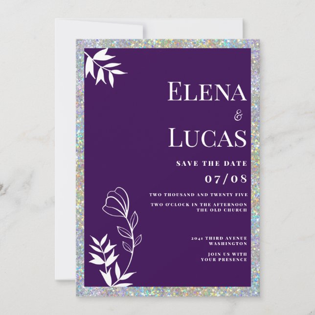 Silver glitter purple white sketch floral wedding  invitation (Front)