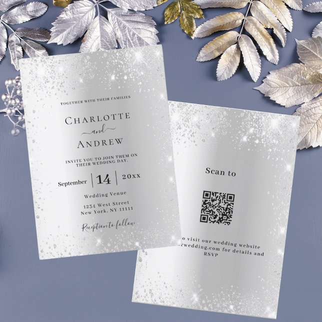 Silver glitter QR code RSVP details luxury wedding Invitation (Creator Uploaded)
