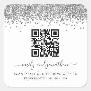 Silver Glitter QR Code Wedding Website Square Sticker