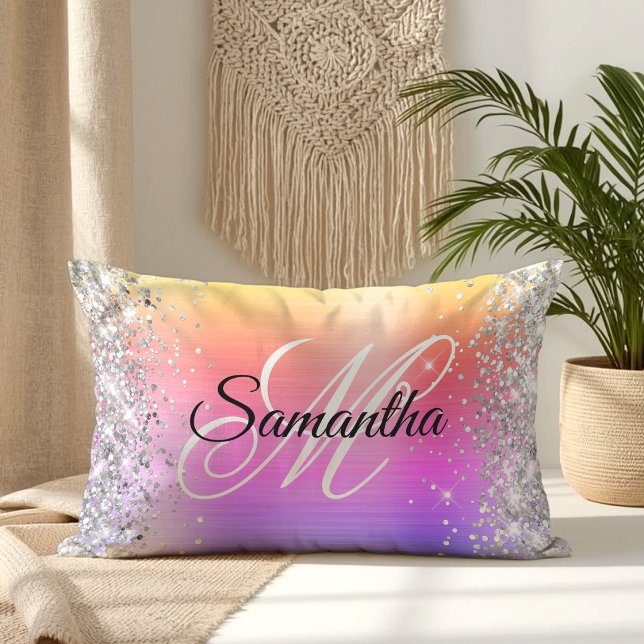 Silver Glitter Rainbow Foil Fancy Monogram Lumbar Cushion (Silver Glitter Rainbow Foil Fancy Monogram Lumbar Pillow)