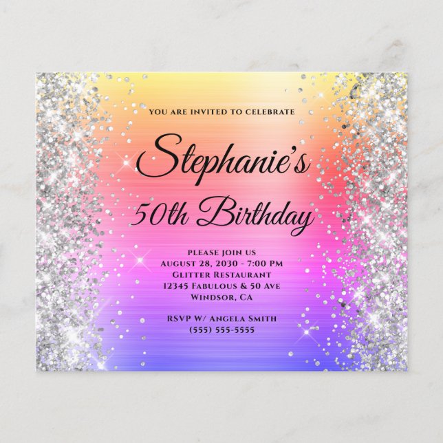 Silver Glitter Rainbow Foil Monogram 50th Birthday Flyer (Front)