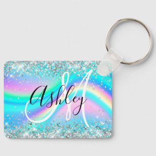 Silver Glitter Rainbow Wave Aqua Ombre Monogram Key Ring
