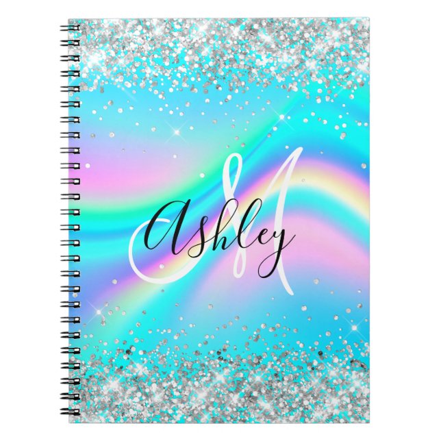 Silver Glitter Rainbow Wave Aqua Ombre Monogram Notebook (Front)