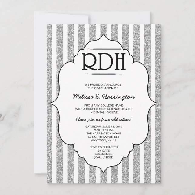 Silver Glitter RDH graduation dental hygienist Invitation (Front)