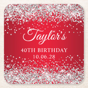 Silver Glitter Red 40th Birthday Square Paper Coaster