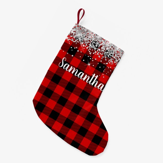 Silver Glitter Red and Black Buffalo Plaid Small Christmas Stocking (Front (Hanging))