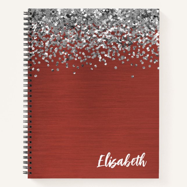 Silver Glitter Red Brushed Metal Monogram Notebook (Front)