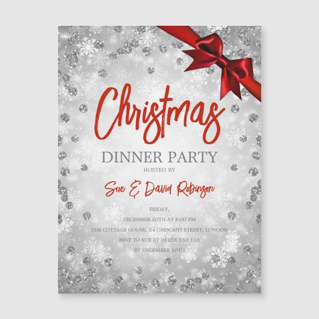Silver Glitter Red Christmas Holiday Invite (Front)